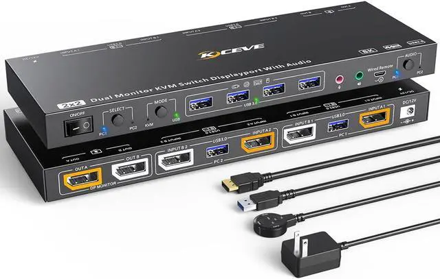 Displayport KVM Switch Dual Monitor KVM for 2 Computers 8K 30Hz/4K 144Hz Extend Display Support KVM Mode and USB Mode with Voice Control and Remote Control Include KVM Cables