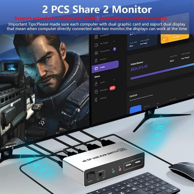 DisplayPort KVM Switch Dual Monitors For 2 Computers 4K 60Hz 2 In 2 Out Displayport KVM Switch With Audio Microphone Output And 3 USB Ports Keyboard Mouse Displayport Dual Monitor KVM