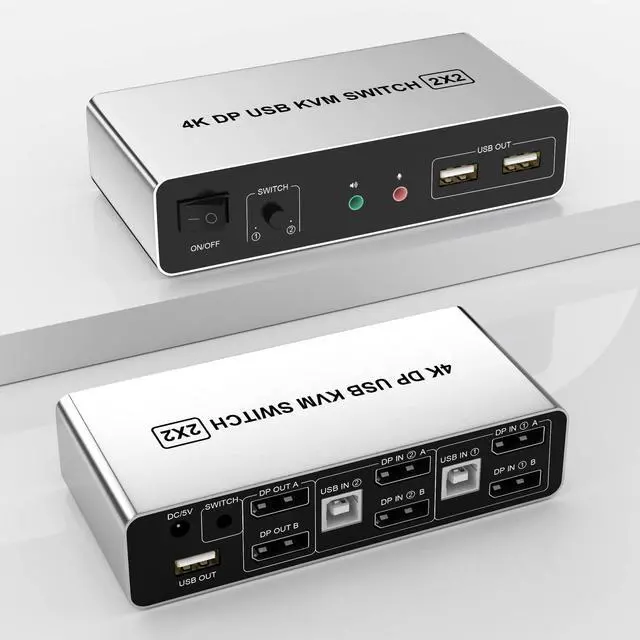 DisplayPort KVM Switch Dual Monitors for 2 Computers 4K 60Hz 2 in 2 Out Displayport KVM Switch with Audio Microphone Output and 3 USB Ports Keyboard Mouse Displayport Dual Monitor KVM