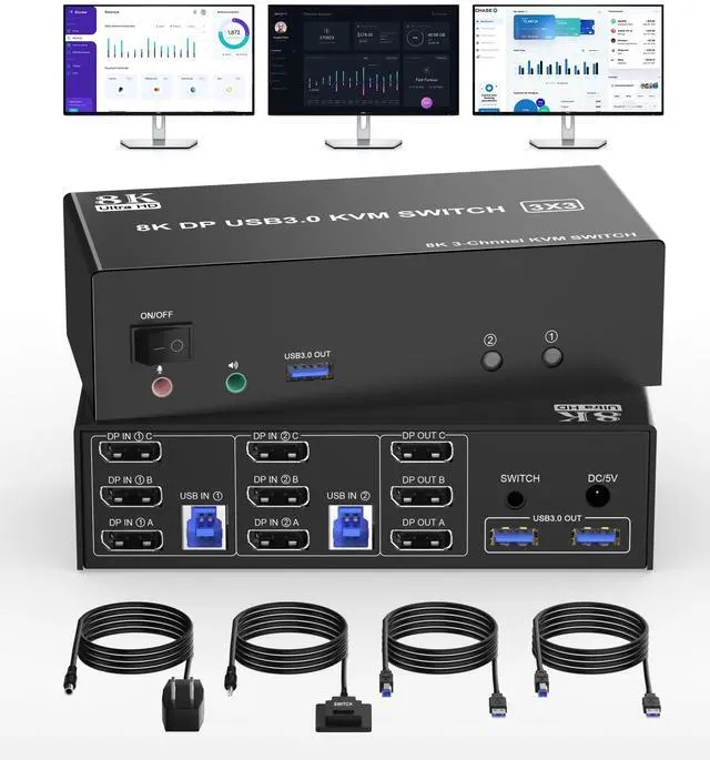 DisplayPort KVM Switch Triple Monitor 8K DP for 2 Computers Share 3 Monitors 1 Set Keyboard Mouse Printer Flash Disk PC Extended Display 8K 60Hz 4K 120Hz with 3 USB3.0 Port Remotely Swtich Controller