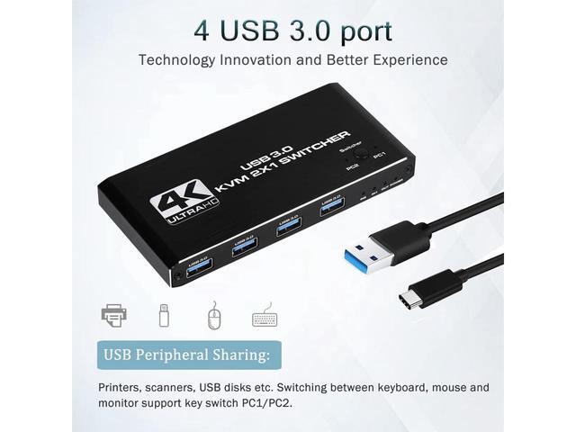 DisplayPort KVM USB Switch 2 Port 4K 60Hz USB And DisplayPort Switch For 2 Computers Share Keyboard Mouse Printer Monitor For Laptop PC Xbox HDTV With 2X USB Cable 1x Switch Button Cable
