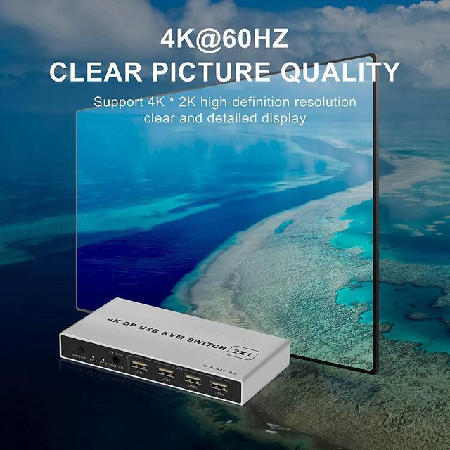 DisplayPort KVM USB Switch 2 Port 4K 60Hz USB And DisplayPort Switch For 2 Computers Share Keyboard Mouse Printer Monitor For Laptop PC Xbox HDTV With 2X USB Cable 1x Switch Button Cable