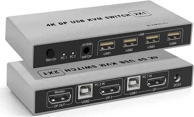 DisplayPort KVM USB Switch 2 Port 4K 60Hz USB and DisplayPort Switch for 2 Computers Share Keyboard Mouse Printer Monitor for Laptop PC Xbox HDTV with 2X USB Cable 1x Switch Button Cable