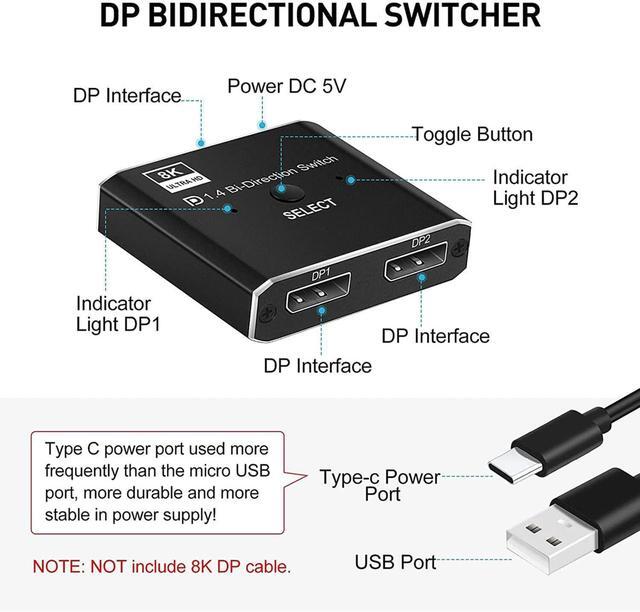 DisplayPort Switch DP 1.4 Switcher 8K DisplayPort 1.4 Switch 2 In 1 Out Bi-Directional 8K 30Hz/4K 120Hz/1080P 240Hz DP KVM Splitter 1 In 2 Out(not Work Simultaneously)