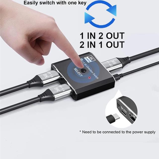 DisplayPort Switch DP 1.4 Switcher 8K DisplayPort 1.4 Switch 2 In 1 Out Bi-Directional 8K 30Hz/4K 120Hz/1080P 240Hz DP KVM Splitter 1 In 2 Out(not Work Simultaneously)