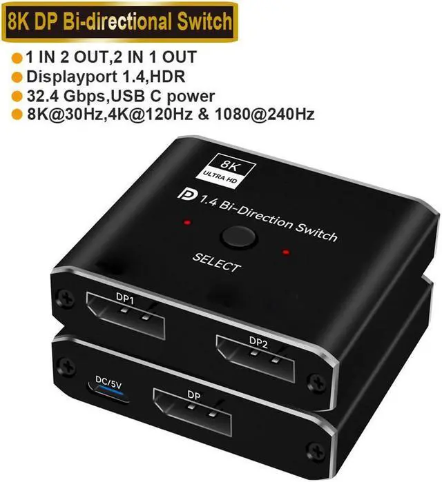 DisplayPort Switch DP 1.4 Switcher 8K DisplayPort 1.4 Switch 2 in 1 Out Bi-Directional 8K 30Hz/4K 120Hz/1080P 240Hz DP KVM Splitter 1 in 2 Out(not Work simultaneously)