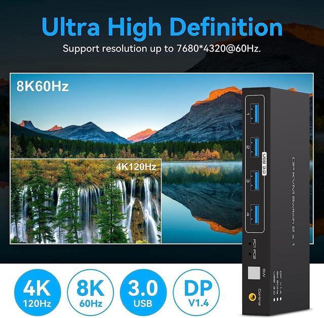Displayport USB 3.0 KVM Switch 1 Monitor For 2 Computers 8K 60Hz KVM Switch 2 Computers X 1 Monitors With 4x 5Gbps USB Ports Keyboard Mouse Switcher