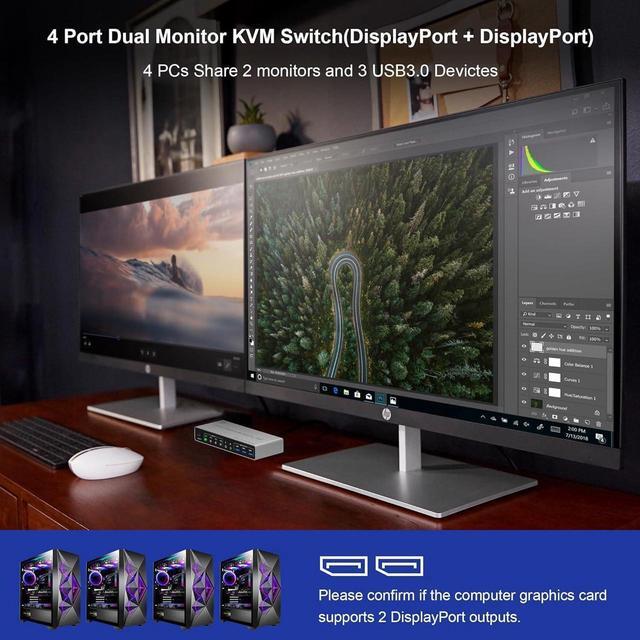 Displayport USB 3.0 KVM Switch 2 Monitors For 4 Computers 8K 60Hz 4K 144Hz 4 Port DP1.4 Dual Monitor Displayport KVM Switch With Audio Output And 3 USB 3.0 8K DP Monitor Switch For 4PCs