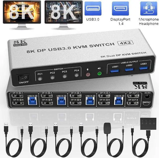 Displayport USB 3.0 KVM Switch 2 Monitors for 4 Computers 8K 60Hz 4K 144Hz 4 Port DP1.4 Dual Monitor Displayport KVM Switch with Audio Output and 3 USB 3.0 8K DP Monitor Switch for 4PCs