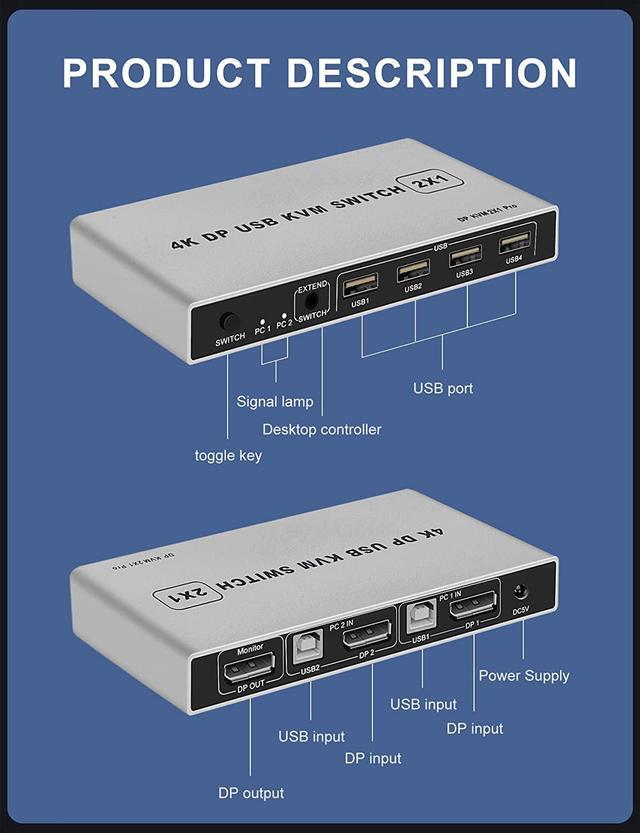 DisplayPort USB KVM Switch 2 Port 4K 60Hz USB And DP Switch For 2 Computers Share Keyboard Mouse Printer Monitor For Laptop PC Xbox HDTV With 2x USB Cable 1x Switch Button Cable 1x Power Cable