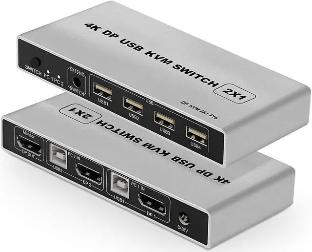 DisplayPort USB KVM Switch 2 Port 4K 60Hz USB and DP Switch for 2 Computers Share Keyboard Mouse Printer Monitor for Laptop PC Xbox HDTV with 2x USB Cable 1x Switch Button Cable 1x Power Cable