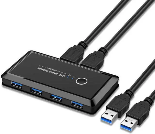DIXSG USB Sharing Switch for 2 Computers Sharing 4 USB 3.0 Ports KVM Switches Adapter Hub for PC Printer U-disk Mouse Keyboard with One Button Swapping and 2 USB3.0 Cable Black