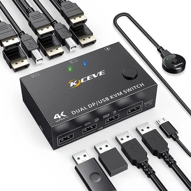 DP KVM Switch 2 Computer 2 Monitors Displayport USB KVM Switch for Two Monitors Supports 4K 60Hz for 2 Computers Share Keyboard Mouse and Monitor