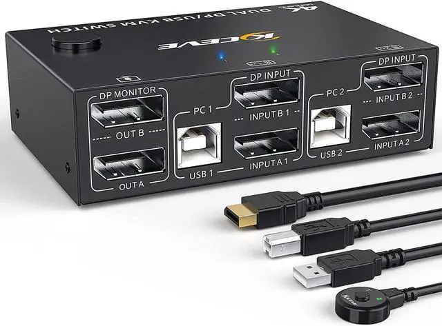 DP KVM Switch 2 PC 2 Monitors 4K 144Hz Extended Display 2 Ports DisplayPort KVM Switch 2 monitors for 2 computers keyboard mouse printer KVM USB Switch for 4 USB devices with DP and USB cable