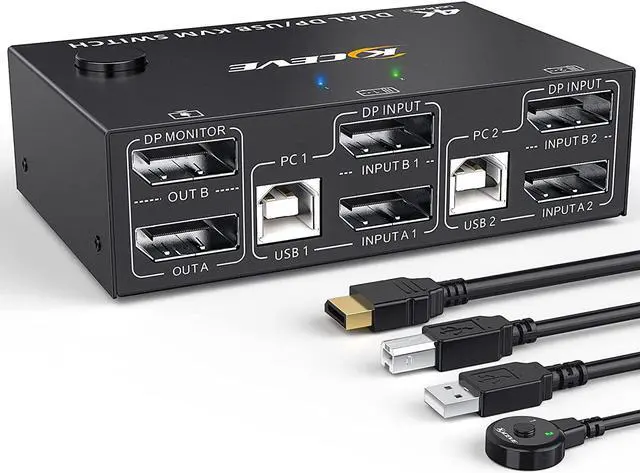DP KVM Switch 2 PC 2 Monitors 4K 144Hz Extended Display 2 Ports DisplayPort KVM Switch 2 monitors for 2 computers keyboard mouse printer KVM USB Switch for 4 USB devices with DP and USB cable