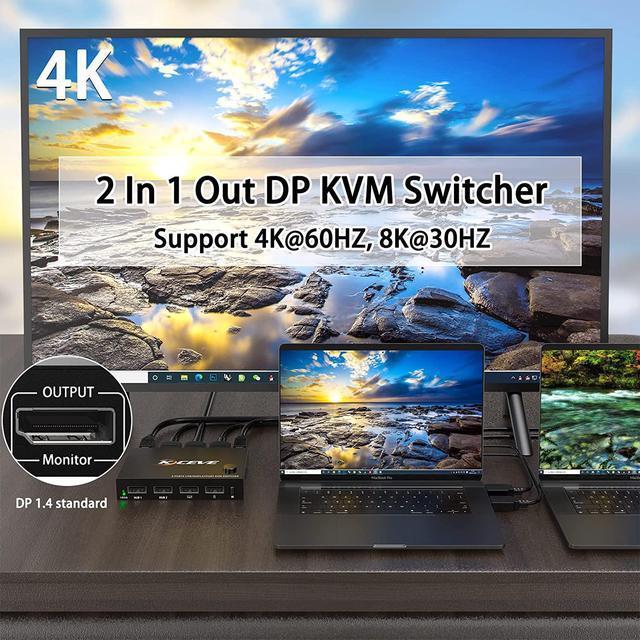 DP KVM Switch Displayport 2 Port 4K 60Hz DP 1.4 And USB Switcher For 2 Computers Sharing One HD Monitor And 4 USB Devices Keyboard Mouse Printer With Romote Control And Cables