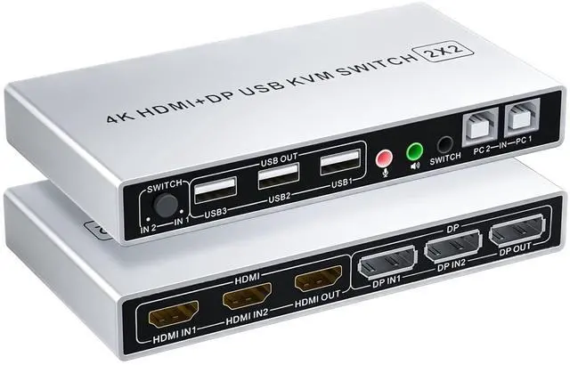 DP Plus HDMI KVM Switch for 2 Computers in 2 Monitors Out Vszerda 4k 60hz Dual Monitor KVM Switch Support HDMI + DP in to HDMI + DP Out