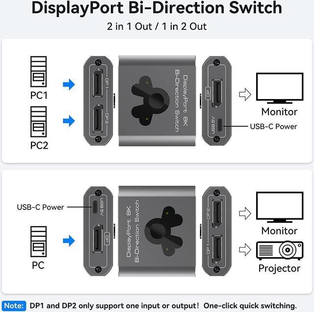DP1.4 DisplayPort Switch 8K Bi-Directional DisplayPort Splitter 2 In 1 Out/1 In 2 Out Display Port Switcher Supports 8K 60Hz 4K 120Hz For PC Laptop Monitor Projector TV