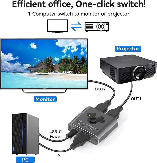 DP1.4 DisplayPort Switch 8K Bi-Directional DisplayPort Splitter 2 In 1 Out/1 In 2 Out Display Port Switcher Supports 8K 60Hz 4K 120Hz For PC Laptop Monitor Projector TV