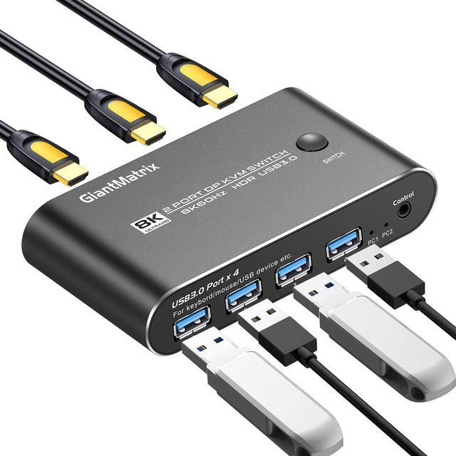 DP2.0 KVM Switch DisplayPort 2 Port KVM Switch 1 Monitors 2 Computers Displayport KVM Switch Box 1440P 120Hz 144Hz 165Hz 175Hz 240Hz KVM Displayport USB 3.0 FreeSync G-SYNC