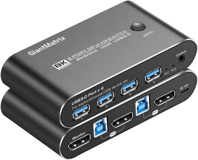 DP2.0 KVM Switch DisplayPort 2 Port KVM Switch 1 Monitors 2 Computers Displayport KVM Switch Box 1440P 120Hz 144Hz 165Hz 175Hz 240Hz KVM Displayport USB 3.0 FreeSync G-SYNC