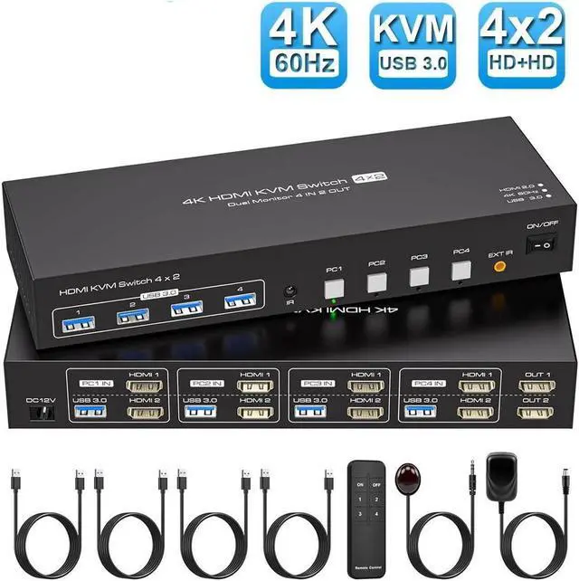 Dual Monitor 2 Port HDMI+USB KVM Switch 4 in 2 Out 2K 120Hz 4K 60Hz HDMI USB KVM Switcher for 4 Computers 2 Monitors with 4X USB 3.0 Ports Support Windows MacOS Linux Unix