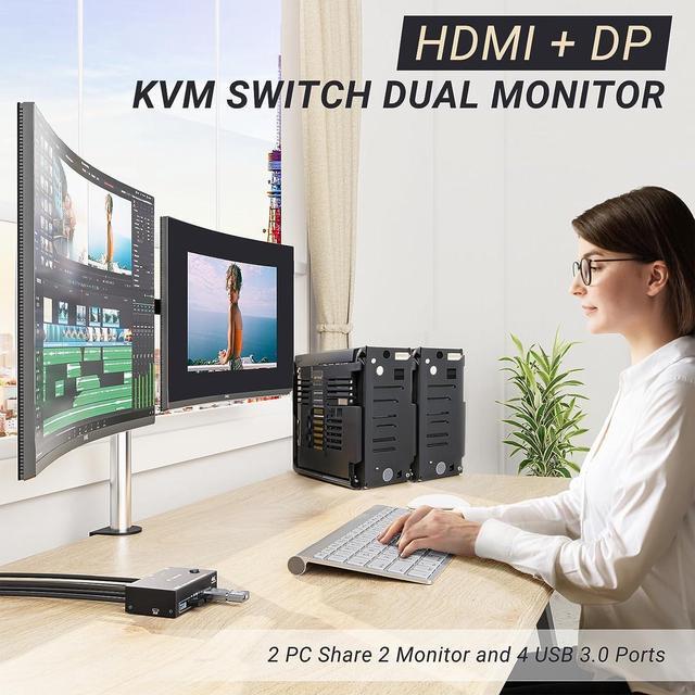 Dual Monitor Displayport HDMI KVM Switch 2 In 2 Out USB 3.0 DP+HDMI KVM Switch For 2 Monitors 2 Computers 4K 60Hz KVM Switch With 4 USB 3.0 Port For 2 Computers Share Mouse Keyboard And Monitor