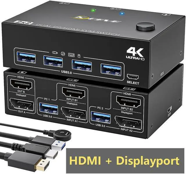 Dual Monitor Displayport HDMI KVM Switch 2 in 2 Out USB 3.0 DP+HDMI KVM Switch for 2 Monitors 2 Computers 4K 60Hz KVM Switch with 4 USB 3.0 Port for 2 Computers Share Mouse Keyboard and Monitor