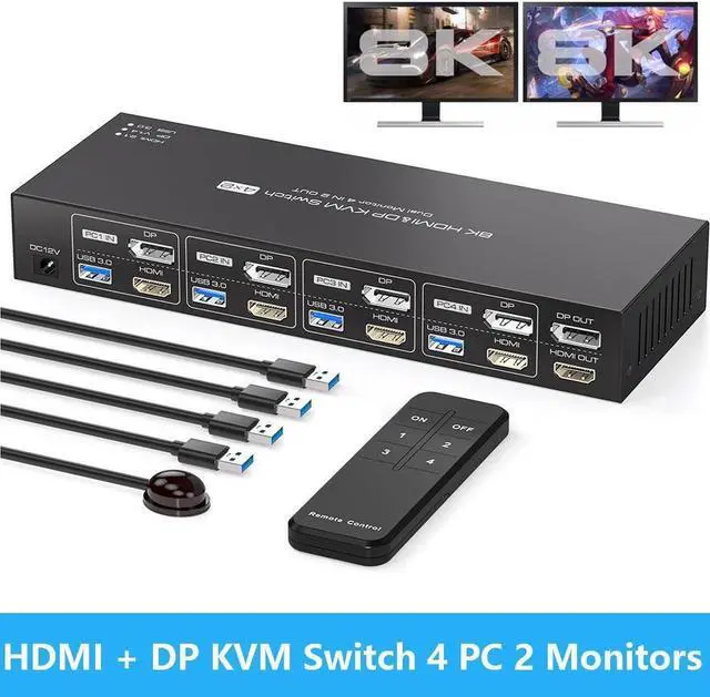 [Dual Monitor] Displayport HDMI KVM Switch 4 Computers 2 Monitors 8K 60Hz HDMI 2.1 + Displayport 1.4 USB 3.0 KVM Switch for 4 PC Sharing 2 Monitor and 4 USB 3.0 Devices with IR Remote Control