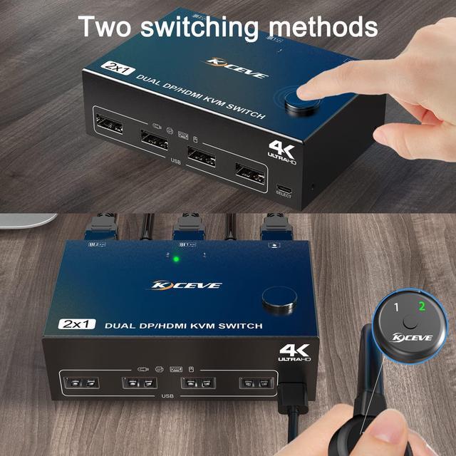 Dual Monitor Displayport+HDMI KVM Switch 4K 60Hz 2K 120Hz HDMI DP Extended Display Switcher USB KVM Switch For 2 Computers Share 2 Monitors And 4 USB 2.0 Ports Wired Remote And 4 Cables Included