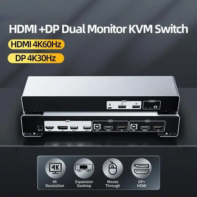 Dual Monitor DisplayPort HDMI KVM Switch 4K 60Hz 2-Port Extended Display 2 in 2 Out DP + HDMI KVM Switch 2 Monitors 2 Computers Displayport and HDMI with 2 x USB Ports