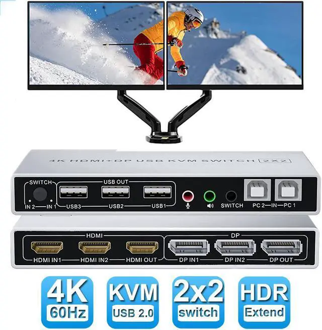 Dual Monitor DisplayPort HDMI KVM Switch 4K 60Hz 2-Port Extended Display 2 in 2 Out Displayport and HDMI KVM Switch 2 Computers2 Monitors with 3xUSB Audio Port Included 2xUSB Cables Controller