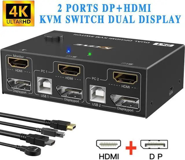 Dual Monitor Displayport+HDMI KVM Switch 4K 60Hz 2K 120Hz HDMI DP Extended Display Switcher USB KVM Switch for 2 Computers Share 2 Monitors and 4 USB 2.0 Ports Wired Remote and 4 Cables Included