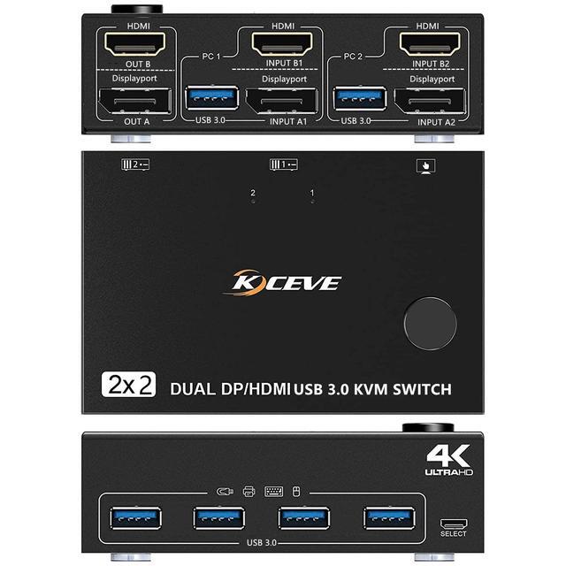 Dual Monitor Displayport HDMI USB 3.0 KVM Switch 2 Computer 2 Monitors DP HDMI KVM Switcher Supports 4K 60Hz For 2 Computers Share Keyboard 4 USB 3.0 Ports Wired Remote And 4 Cables Included