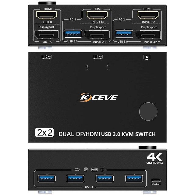 Dual Monitor Displayport HDMI USB 3.0 KVM Switch 2 Computer 2 Monitors DP HDMI KVM Switcher Supports 4K 60Hz For 2 Computers Share Keyboard 4 USB 3.0 Ports Wired Remote And 4 Cables Included