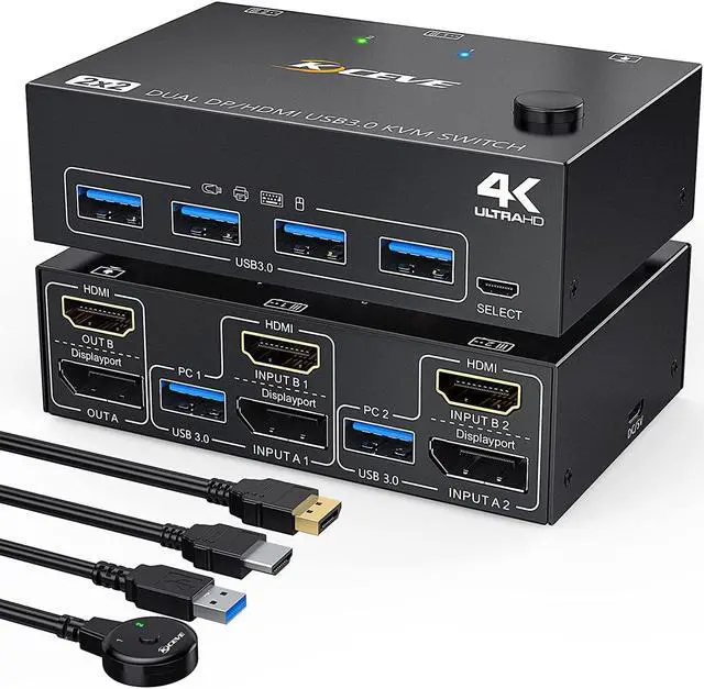 Dual Monitor Displayport HDMI USB 3.0 KVM Switch 2 Computer 2 Monitors DP HDMI KVM Switcher Supports 4K 60Hz for 2 Computers Share Keyboard 4 USB 3.0 Ports Wired Remote and 4 Cables Included