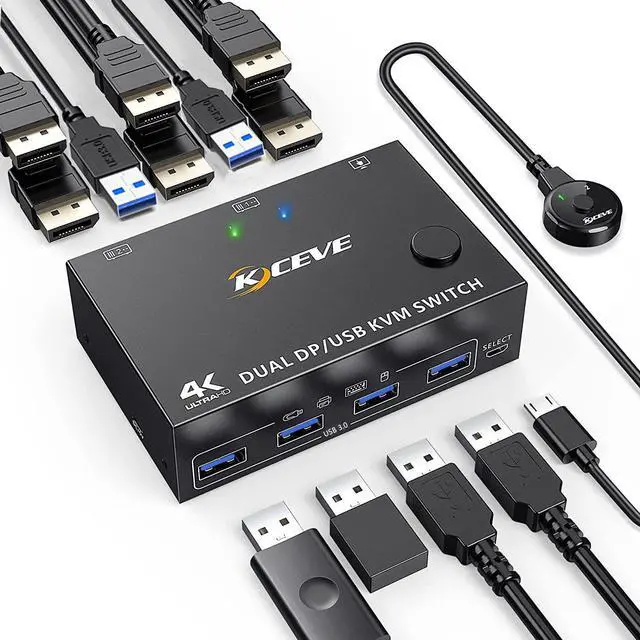Dual Monitor Displayport KVM Switch 2 Computers 2 Monitors USB 3.0 DP KVM Switch 2 in 2 Out Supports 4K 60Hz for 2 PCs sharing keyboard mouse and monitor with DP+USB Cables and Wired Controller