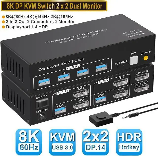 Dual Monitor DisplayPort KVM Switch 2 in 2 Out 2 Port Displayport 1.4 KVM Switch for 2 Computers 2 Monitors Share Keyboard Mouse Printer Support 8K 60Hz with 4 Port USB 3.0 Support Desktop Control