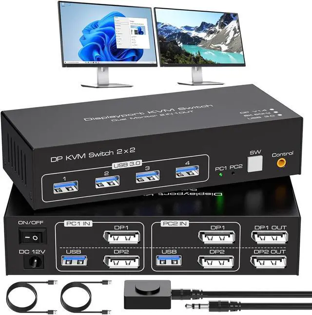 Dual Monitor DisplayPort KVM Switch 2 in 2 Out 2 Port Displayport 1.4 KVM Switch 2 Computers 2 Monitors Share Keyboard Mouse Printer Support 4K 120Hz 8K 60Hz 4 Port USB 3.0 Support Desktop Control
