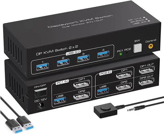 Dual Monitor DisplayPort KVM Switch 2 in 2 Out 2 Port DP 1.4 KVM Switch for 2 Computers 2 Monitors Share Keyboard Mouse Printer Support 8K 60Hz 4K 120HZ with 4 Port USB 3.0 Support Desktop Control