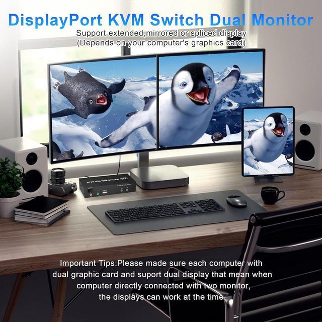 Dual Monitor DisplayPort KVM Switch 2 In 2 Out 4K 60Hz Extended Display 2 Computers 2 Monitors Displayport KVM Switch With Audio Microphone Output And 3 USB Ports PC Monitor Keyboard Mouse Switcher