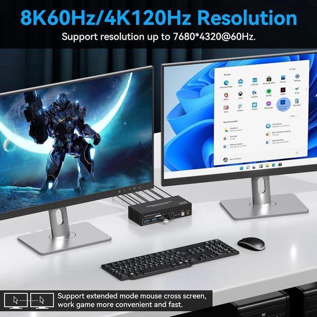 Dual Monitor DisplayPort KVM Switch 2 In 2 Out 4K 120Hz 8K 60Hz DP USB KVM Switcher For 2 Computers 2 Monitors With 4X USB 3.0 Ports Support Windows MacOS Linux Unix