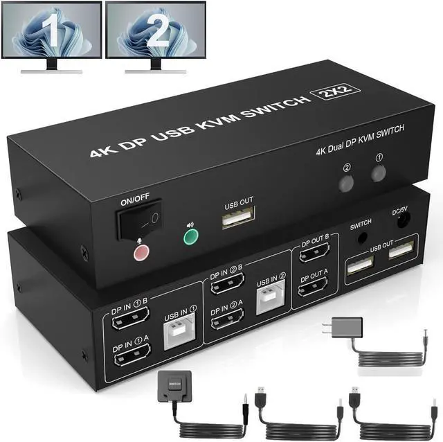 Dual Monitor DisplayPort KVM Switch 2 in 2 Out 4K 60Hz Extended Display 2 Computers 2 Monitors Displayport KVM Switch with Audio Microphone Output and 3 USB Ports PC Monitor Keyboard Mouse Switcher
