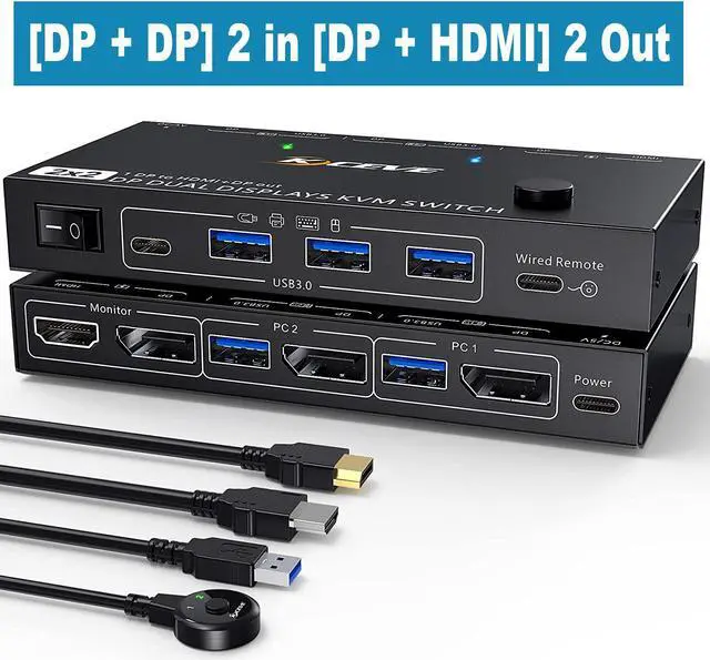 Dual Monitor Displayport KVM Switch 2 Port Displayport in HDMI + Displayport Out USB 3.0 KVM Switch for 2 Computers Share 2 Monitors and USB 3.0 Ports Wired Remote and DP 1.4 Cables Included