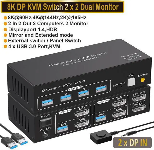 Dual Monitor Displayport KVM Switch 2 Port DP 1.4 KVM Switch 2 in 2 Out for 2 Computers 2 Monitors Share Keyboard Mouse Printer Support 8K 60Hz 4K 120Hz with 4 Port USB 3.0 Support Desktop Control