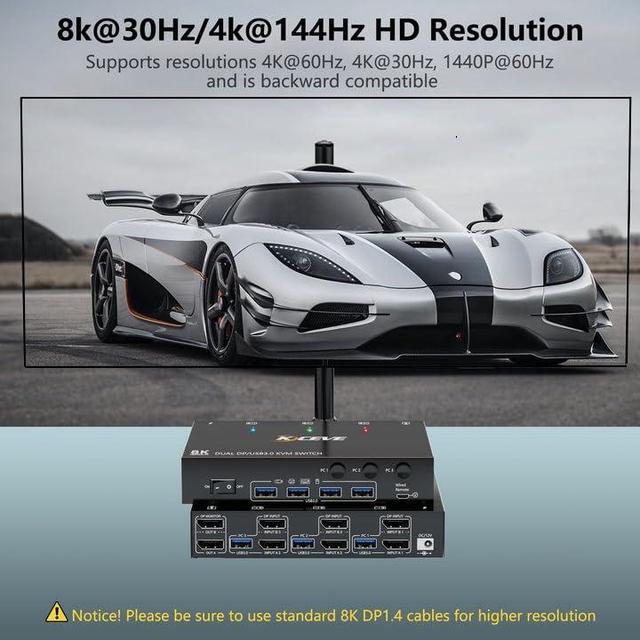 Dual Monitor Displayport KVM Switch 8K 30Hz 4K 144Hz USB 3.0 KVM Switches 3 Computers 2 Monitors Displayport 1.4 With 4 USB 3.0 Ports For USB Devices DP Monitor Switch For 3 PCs With Wired Remote