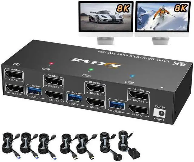Dual Monitor Displayport KVM Switch 8K 30Hz 4K 144Hz USB 3.0 KVM Switches 3 Computers 2 Monitors Displayport 1.4 with 4 USB 3.0 Ports for USB Devices DP Monitor Switch for 3 PCs with Wired Remote