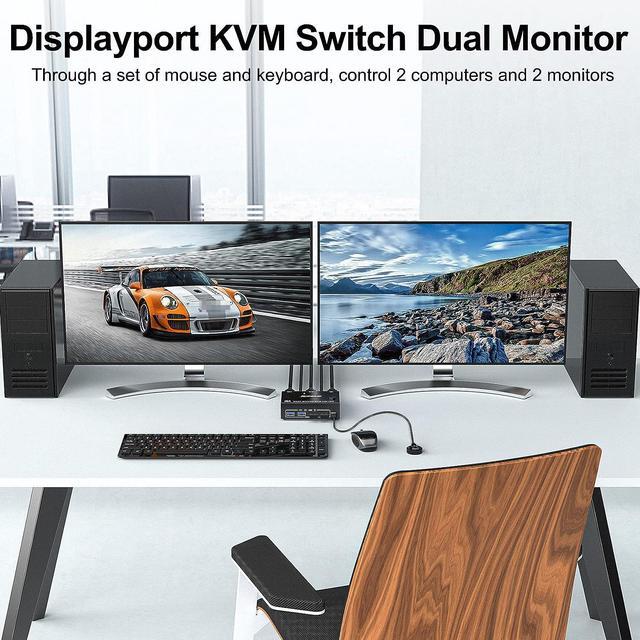 Dual Monitor DisplayPort KVM Switch 8K 30Hz 4K 144Hz USB DP KVM Switch For 2 PC 2 Monitors Supports DP1.4 Extended Display With 4 USB 2.0 Ports For 2 PCs With DP+USB Cables And Desktop Controller
