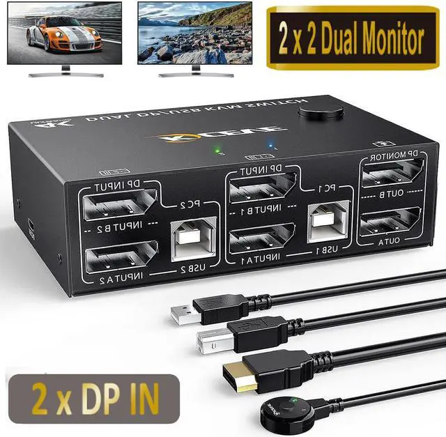 Dual Monitor DisplayPort KVM Switch 8K 30Hz 4K 144Hz USB DP KVM Switch for 2 PC 2 Monitors Supports DP1.4 Extended display with 4 USB 2.0 ports for 2 PCs with DP+USB cables and desktop controller
