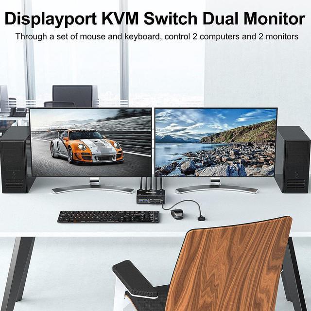 Dual Monitor DisplayPort KVM Switch 8K 30Hz 4K 144Hz USB DP KVM Switch For 2 PC 2 Monitors Supports DP1.4 Extended Display With 4 USB 2.0 Ports For 2 PCs With DP+USB Cables And Desktop Controller